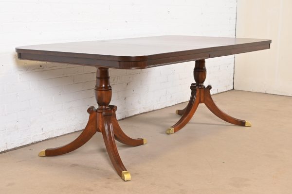 Baker Furniture Style Georgian Mahogany Double Pedestal Extension Dining Table, Newly Refinished - Image 4