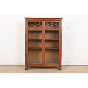 Antique American Empire Carved Oak Glass Front Bookcase, Circa 1890