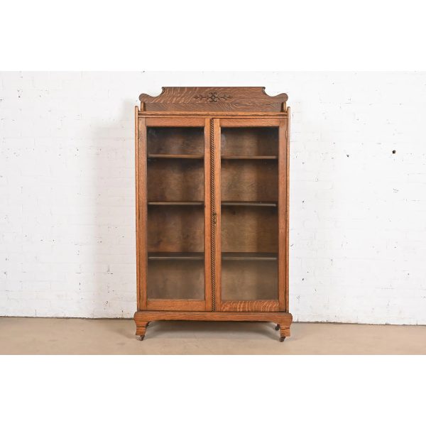 Antique Victorian Carved Oak Glass Front Bookcase, Circa 1890