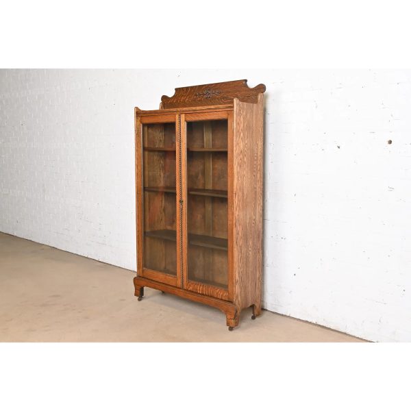Antique Victorian Carved Oak Glass Front Bookcase, Circa 1890 - Image 3
