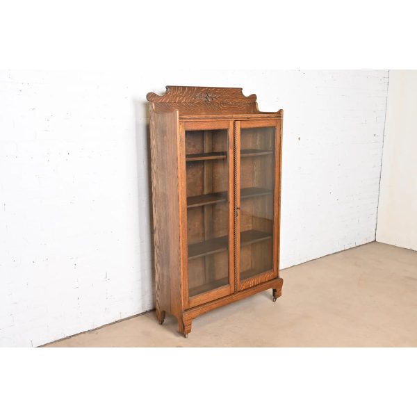 Antique Victorian Carved Oak Glass Front Bookcase, Circa 1890 - Image 4
