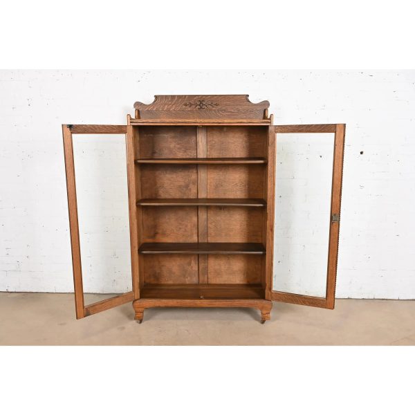 Antique Victorian Carved Oak Glass Front Bookcase, Circa 1890 - Image 5