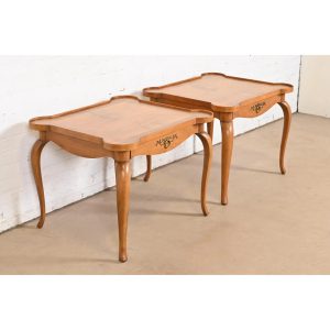 Baker Furniture French Provincial Louis XV Carved Cherry and Burl Wood Tea Tables or End Tables, Pair