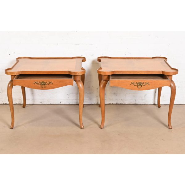 Baker Furniture French Provincial Louis XV Carved Cherry and Burl Wood Tea Tables or End Tables, Pair - Image 5