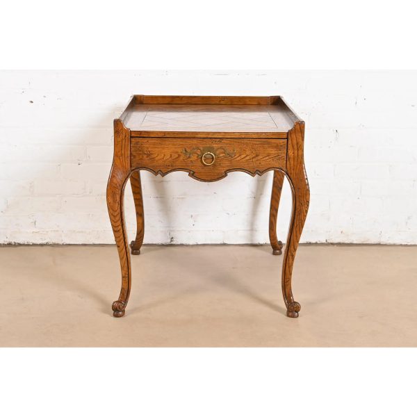 Baker Furniture French Provincial Louis XV Carved Oak and Burl Wood Tea Table or Occasional Side Table, Circa 1960s - Image 2