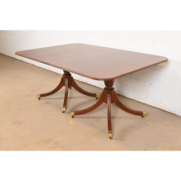 Baker Furniture Historic Charleston Georgian Banded Mahogany Double Pedestal Extension Dining Table, Newly Refinished - Image 7