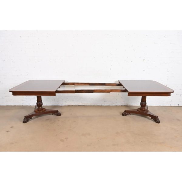 Baker Furniture Regency Banded Mahogany Double Pedestal Extension Dining Table, Newly Refinished - Image 5