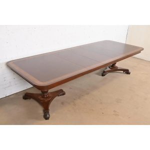 Baker Furniture Regency Banded Mahogany Double Pedestal Extension Dining Table, Newly Refinished