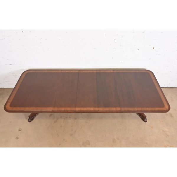 Baker Furniture Regency Banded Mahogany Double Pedestal Extension Dining Table, Newly Refinished - Image 4