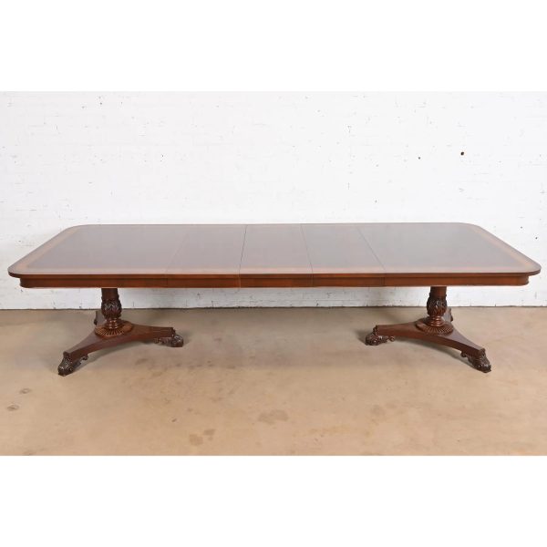 Baker Furniture Regency Banded Mahogany Double Pedestal Extension Dining Table, Newly Refinished - Image 2