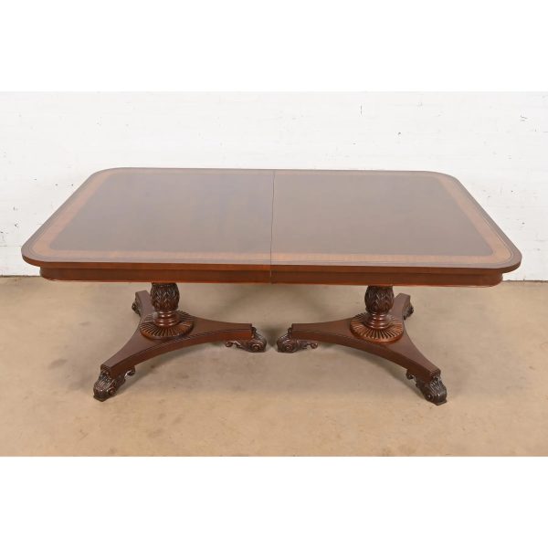 Baker Furniture Regency Banded Mahogany Double Pedestal Extension Dining Table, Newly Refinished - Image 6