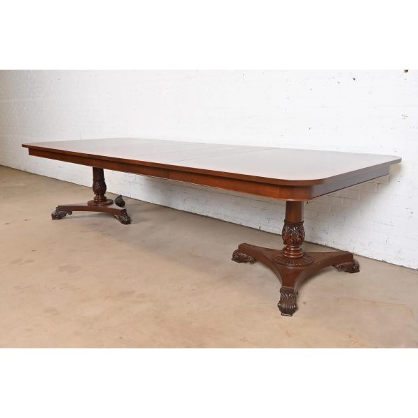 Baker Furniture Regency Banded Mahogany Double Pedestal Extension Dining Table, Newly Refinished - Image 3