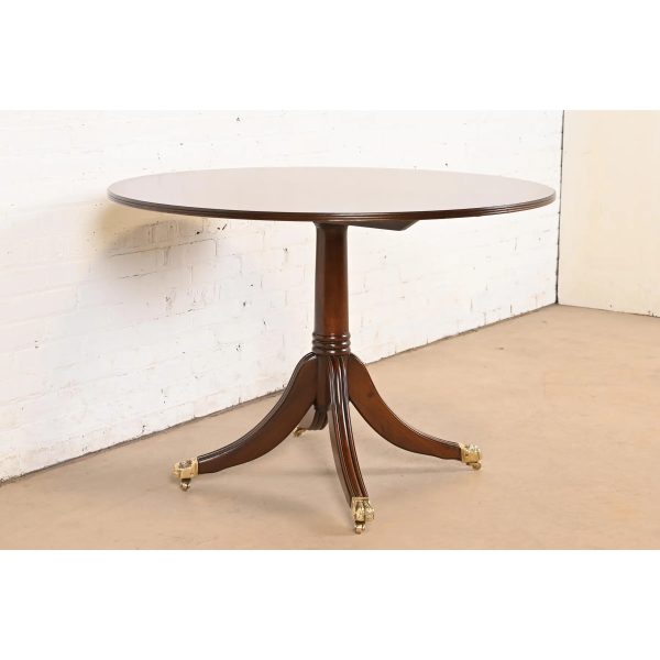 Baker Furniture Style Georgian Banded Mahogany Pedestal Flip Top Dining or Breakfast Table, Newly Refinished - Image 4