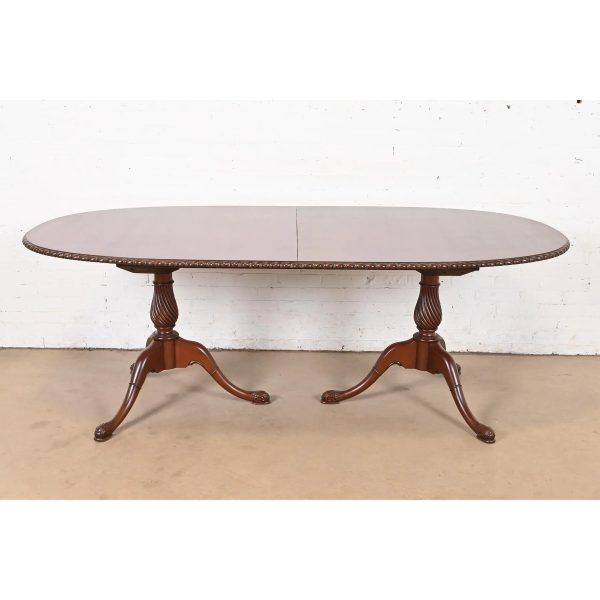 Baker Furniture Style Georgian Mahogany Double Pedestal Extension Dining Table, Newly Refinished - Image 7