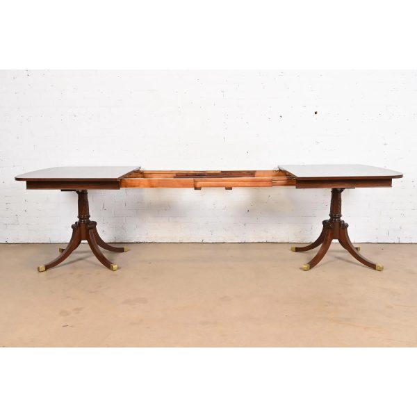 Baker Furniture Style Georgian Mahogany Double Pedestal Extension Dining Table, Newly Refinished - Image 7