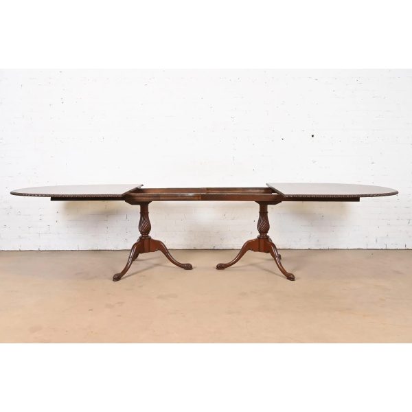 Baker Furniture Style Georgian Mahogany Double Pedestal Extension Dining Table, Newly Refinished - Image 6