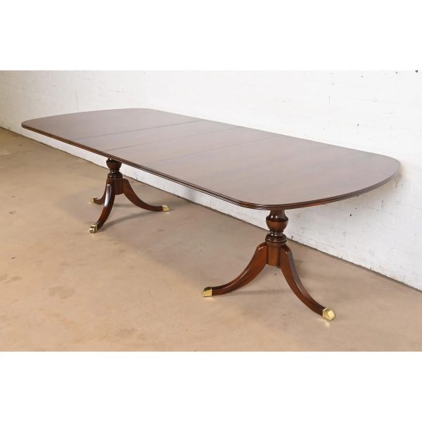 Baker Furniture Style Georgian Mahogany Double Pedestal Extension Dining Table, Newly Refinished