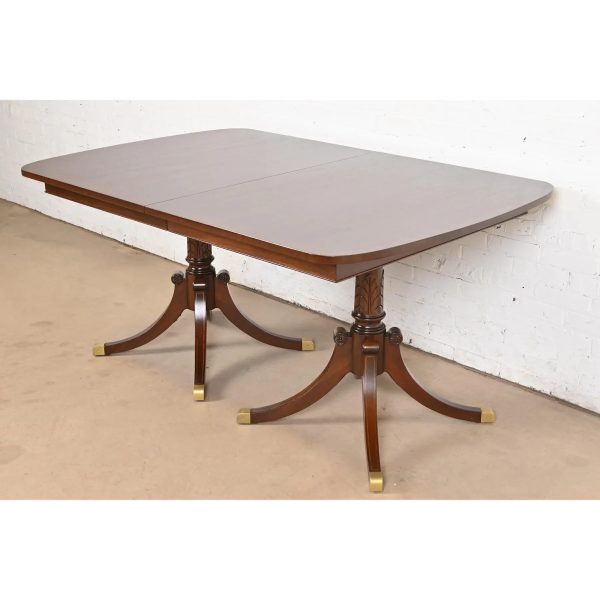 Baker Furniture Style Georgian Mahogany Double Pedestal Extension Dining Table, Newly Refinished - Image 2