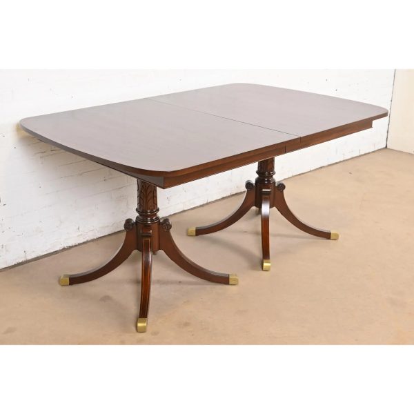 Baker Furniture Style Georgian Mahogany Double Pedestal Extension Dining Table, Newly Refinished - Image 4