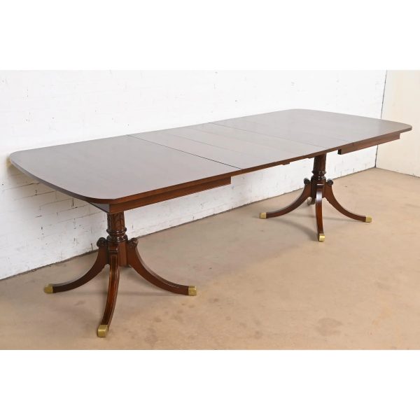 Baker Furniture Style Georgian Mahogany Double Pedestal Extension Dining Table, Newly Refinished - Image 9