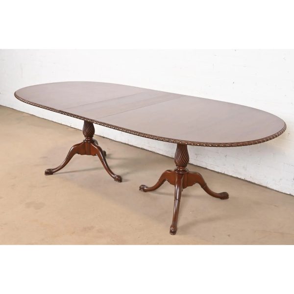 Baker Furniture Style Georgian Mahogany Double Pedestal Extension Dining Table, Newly Refinished
