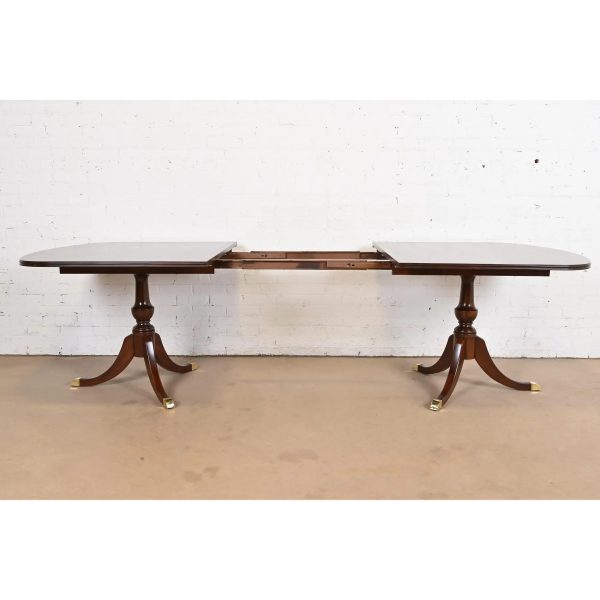 Baker Furniture Style Georgian Mahogany Double Pedestal Extension Dining Table, Newly Refinished - Image 6