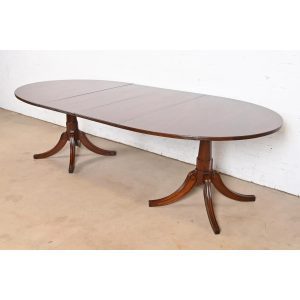 Baker Furniture Style Georgian Mahogany Double Pedestal Extension Dining Table, Newly Refinished