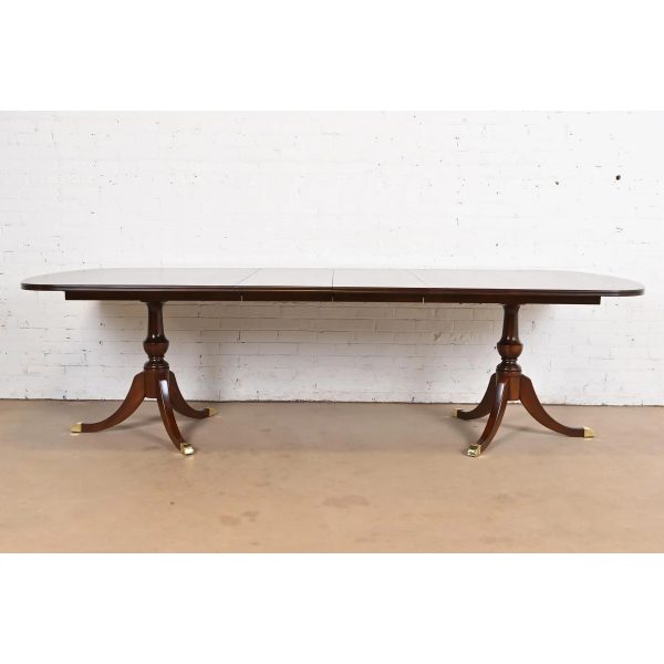 Baker Furniture Style Georgian Mahogany Double Pedestal Extension Dining Table, Newly Refinished - Image 3