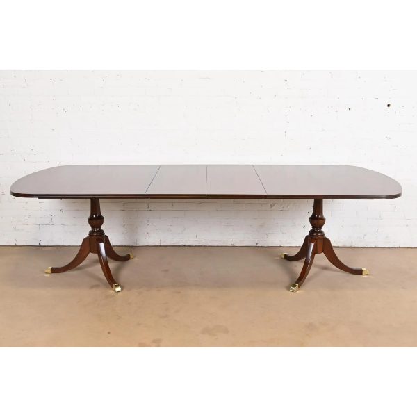 Baker Furniture Style Georgian Mahogany Double Pedestal Extension Dining Table, Newly Refinished - Image 2