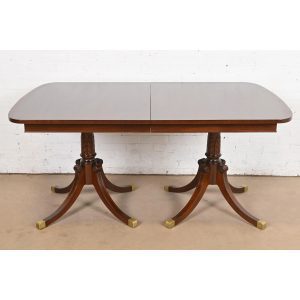 Baker Furniture Style Georgian Mahogany Double Pedestal Extension Dining Table, Newly Refinished