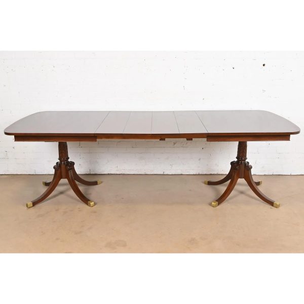 Baker Furniture Style Georgian Mahogany Double Pedestal Extension Dining Table, Newly Refinished - Image 8