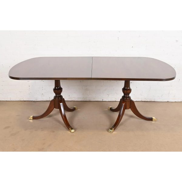 Baker Furniture Style Georgian Mahogany Double Pedestal Extension Dining Table, Newly Refinished - Image 7