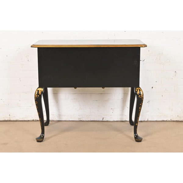 Baker Furniture Style Queen Anne Chinoiserie Hand Painted Black Lacquered and Gold Gilt Dressing Table or Entry Table - Image 11