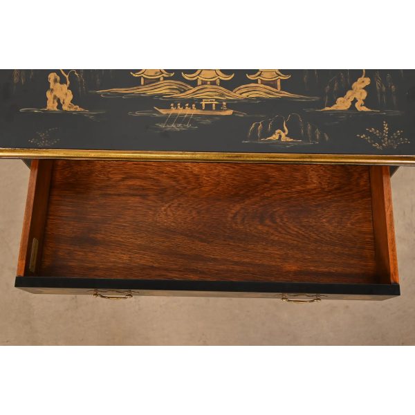 Baker Furniture Style Queen Anne Chinoiserie Hand Painted Black Lacquered and Gold Gilt Dressing Table or Entry Table - Image 6