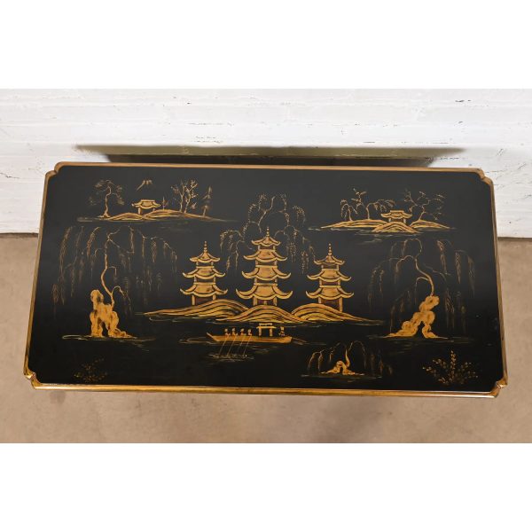 Baker Furniture Style Queen Anne Chinoiserie Hand Painted Black Lacquered and Gold Gilt Dressing Table or Entry Table - Image 9