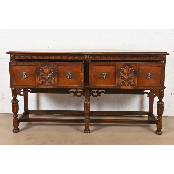 Berkey & Gay Antique English Jacobean Ornate Carved Walnut and Burl Wood Sideboard, Circa 1920s - Image 4