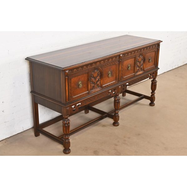 Berkey & Gay Antique English Jacobean Ornate Carved Walnut and Burl Wood Sideboard, Circa 1920s - Image 3