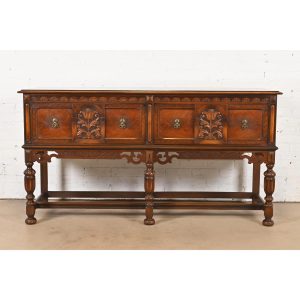 Berkey & Gay Antique English Jacobean Ornate Carved Walnut and Burl Wood Sideboard, Circa 1920s