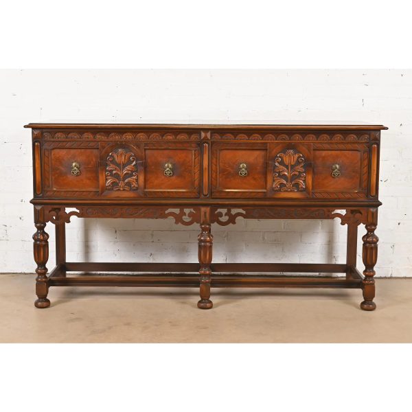 Berkey & Gay Antique English Jacobean Ornate Carved Walnut and Burl Wood Sideboard, Circa 1920s