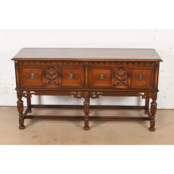 Berkey & Gay Antique English Jacobean Ornate Carved Walnut and Burl Wood Sideboard, Circa 1920s - Image 2