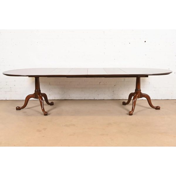 Henkel Harris Georgian Solid Cherry Wood Double Pedestal Extension Dining Table, Newly Refinished - Image 3
