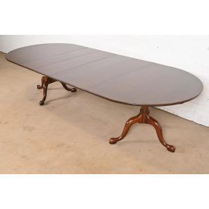 Henkel Harris Georgian Solid Cherry Wood Double Pedestal Extension Dining Table, Newly Refinished