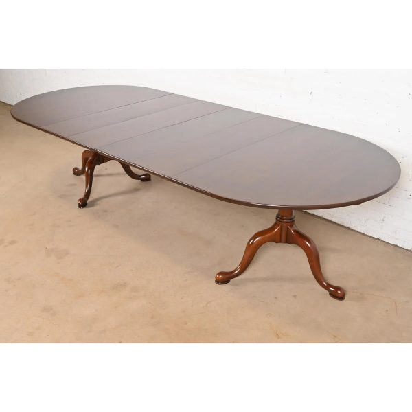 Henkel Harris Georgian Solid Cherry Wood Double Pedestal Extension Dining Table, Newly Refinished