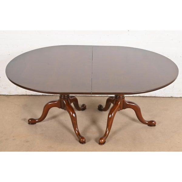 Henkel Harris Georgian Solid Cherry Wood Double Pedestal Extension Dining Table, Newly Refinished - Image 7