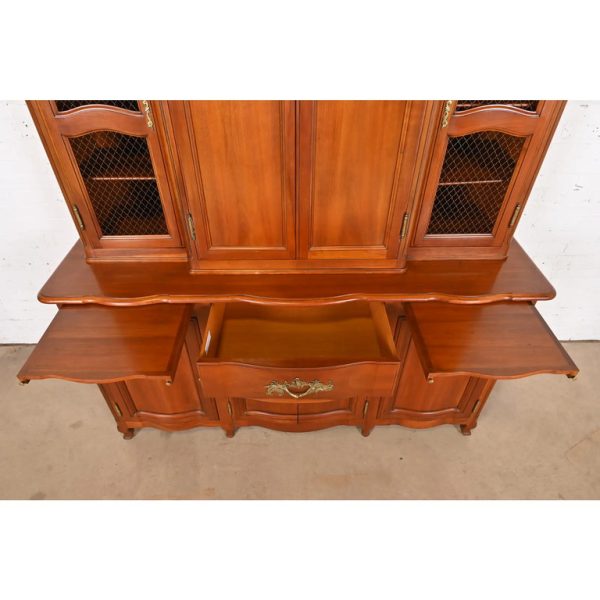 John Widdicomb French Provincial Louis XV Carved Cherry Wood Breakfront Bookcase Cabinet, Circa 1950s - Image 8