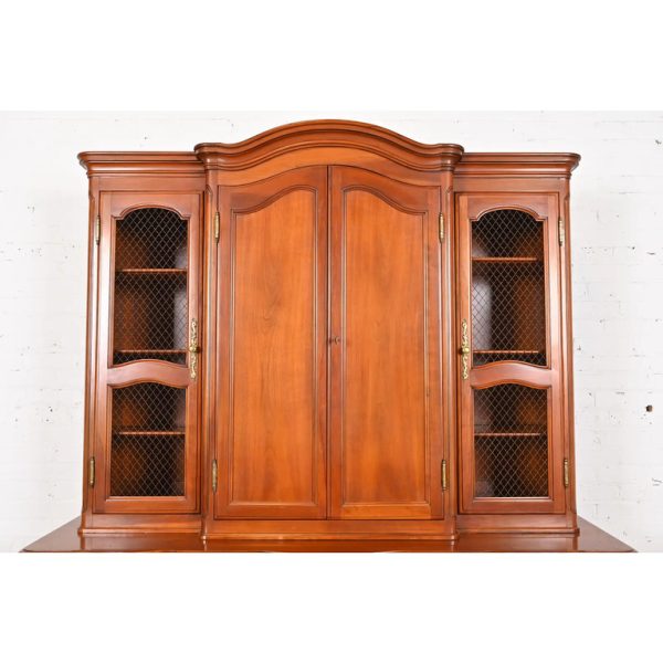 John Widdicomb French Provincial Louis XV Carved Cherry Wood Breakfront Bookcase Cabinet, Circa 1950s - Image 4
