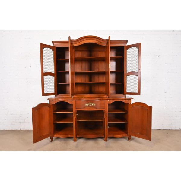 John Widdicomb French Provincial Louis XV Carved Cherry Wood Breakfront Bookcase Cabinet, Circa 1950s - Image 3