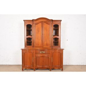 John Widdicomb French Provincial Louis XV Carved Cherry Wood Breakfront Bookcase Cabinet, Circa 1950s