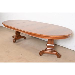 Karges Regency Burled Walnut Double Pedestal Extension Dining Table, Newly Refinished