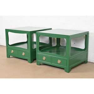 Michael Taylor for Baker Far East Collection Green Lacquered Nightstands or End Tables, Newly Refinished